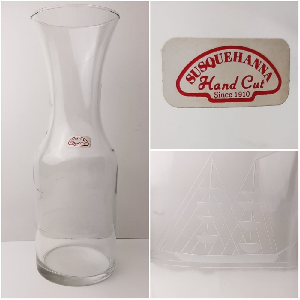 🍒 SUSQUEHANNA Hand Cut Glass Wine Carafe Clipper Pattern Sail Boat Vintage MCM